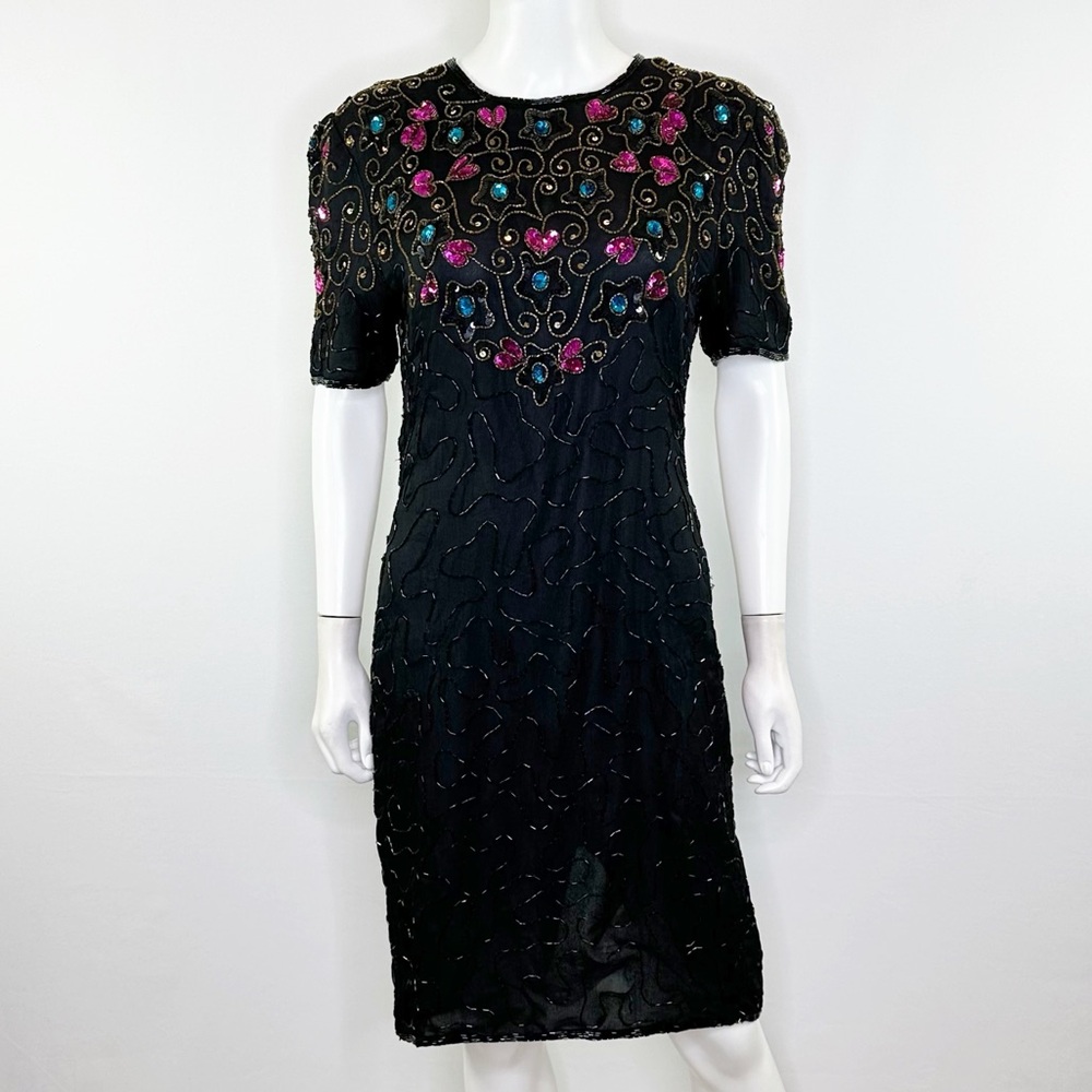 Vintage J.M.C. Black Beaded Sheath Dress Size S Short Sleeve Formal Classic